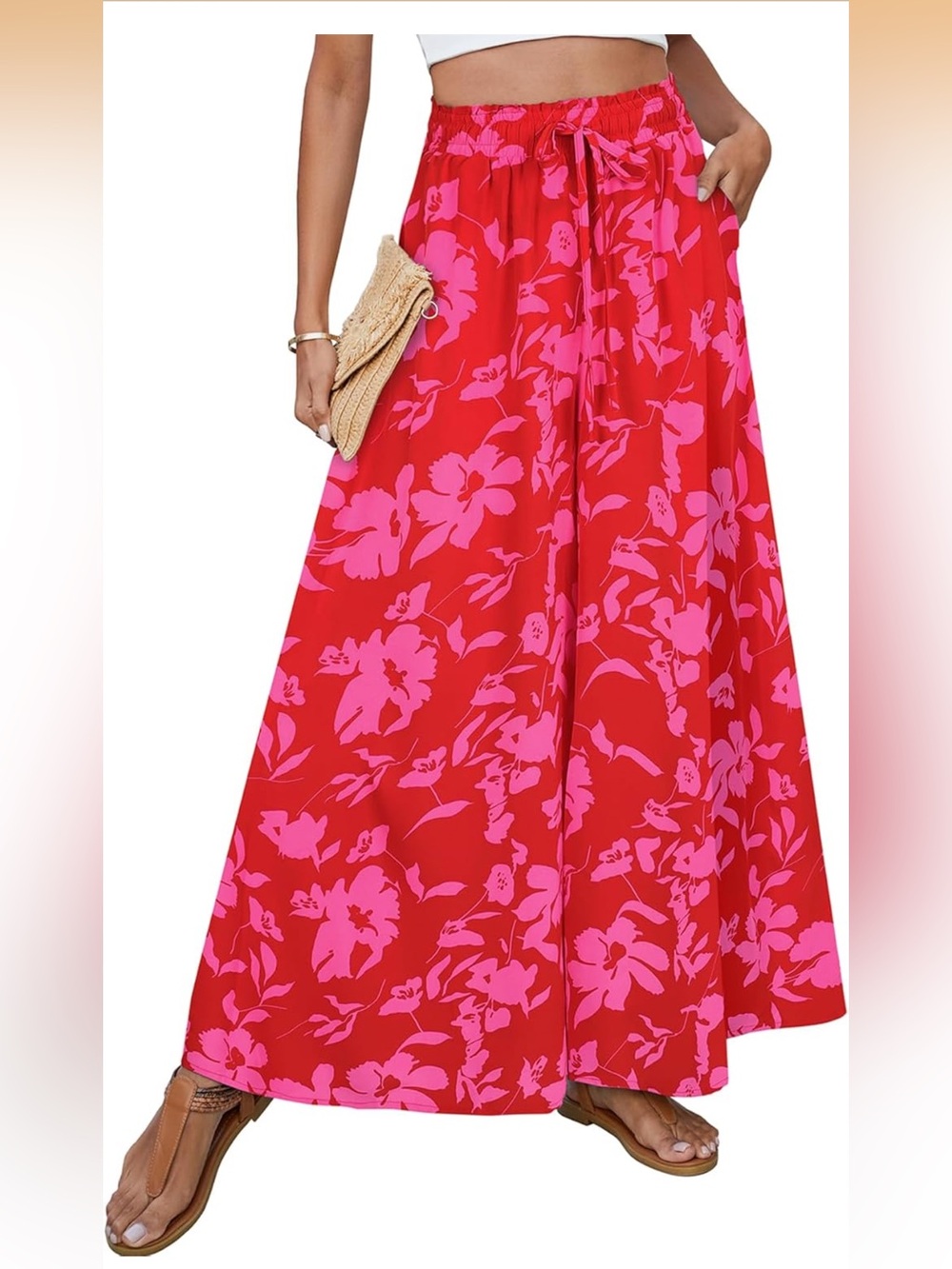 NWOT Red and Pink Floral High Waisted Wide Leg Boho Flowy Palazzo Pants Sz Small - Picture 6 of 12